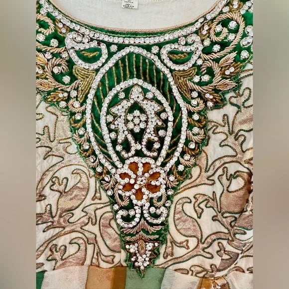 Indian Gold and Green embroidered Dress. Medium.